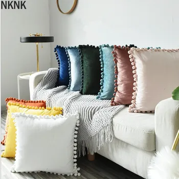

Soft Velvet Cushion Cover with Pompom Ball White Yellow Blue Pillow Cover Bedroom Sofa Decoration Pillow Cases 30x50cm/45x45cm