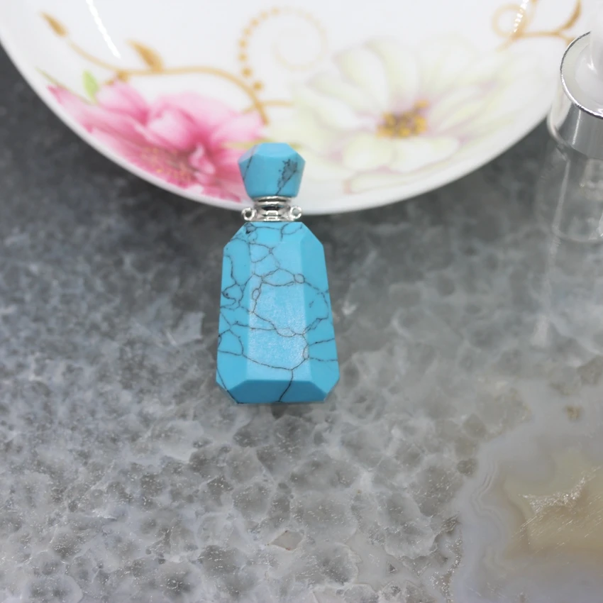 Natural Aquamarines/Amethysts/Turquoises Perfume Bottle Pendants,Plated Silver Essential Oil Diffuser Necklace Charms Jewelry