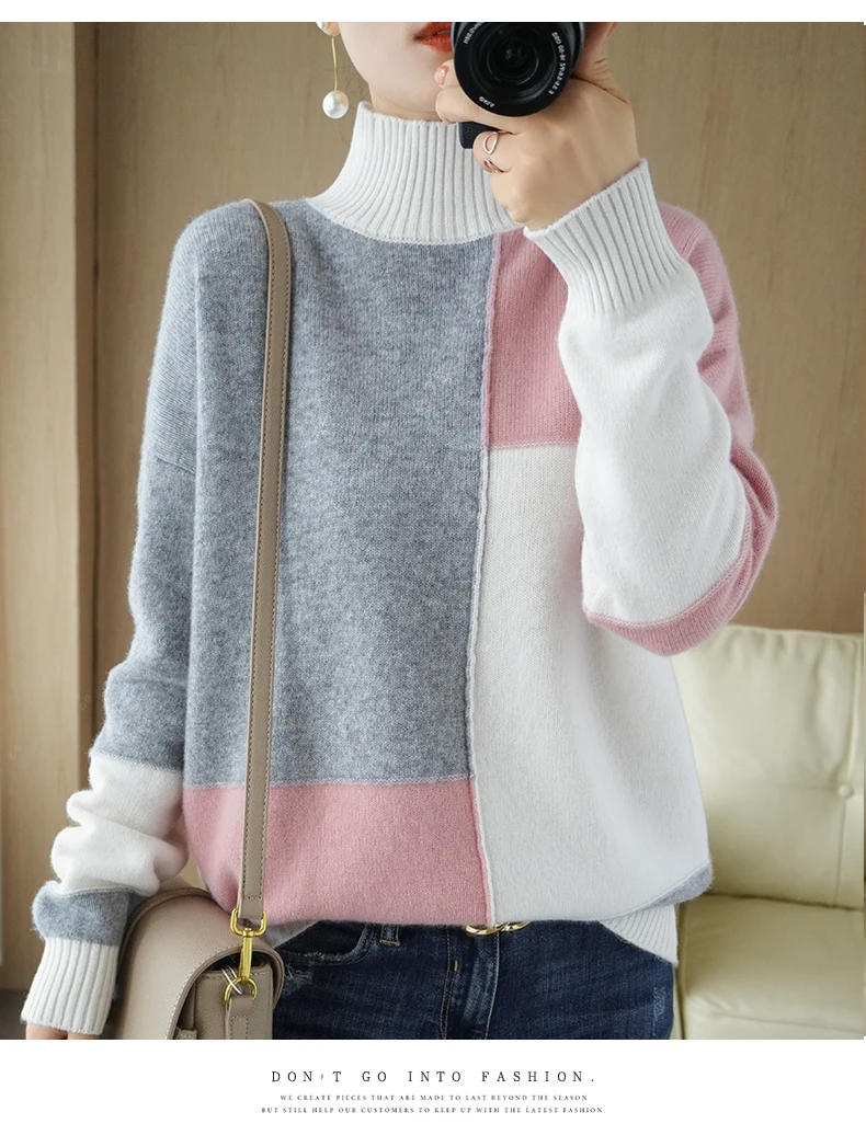 Kukombo New Cashmere Sweater Women's High-Neck Color Matching Pure Woo