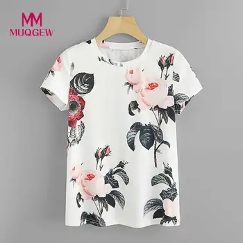 

Free Shipping Flower Print Tee Short Sleeve T-shirt O-Neck women's t-shirts crop top women t shirt Tops koszulka damska#G7