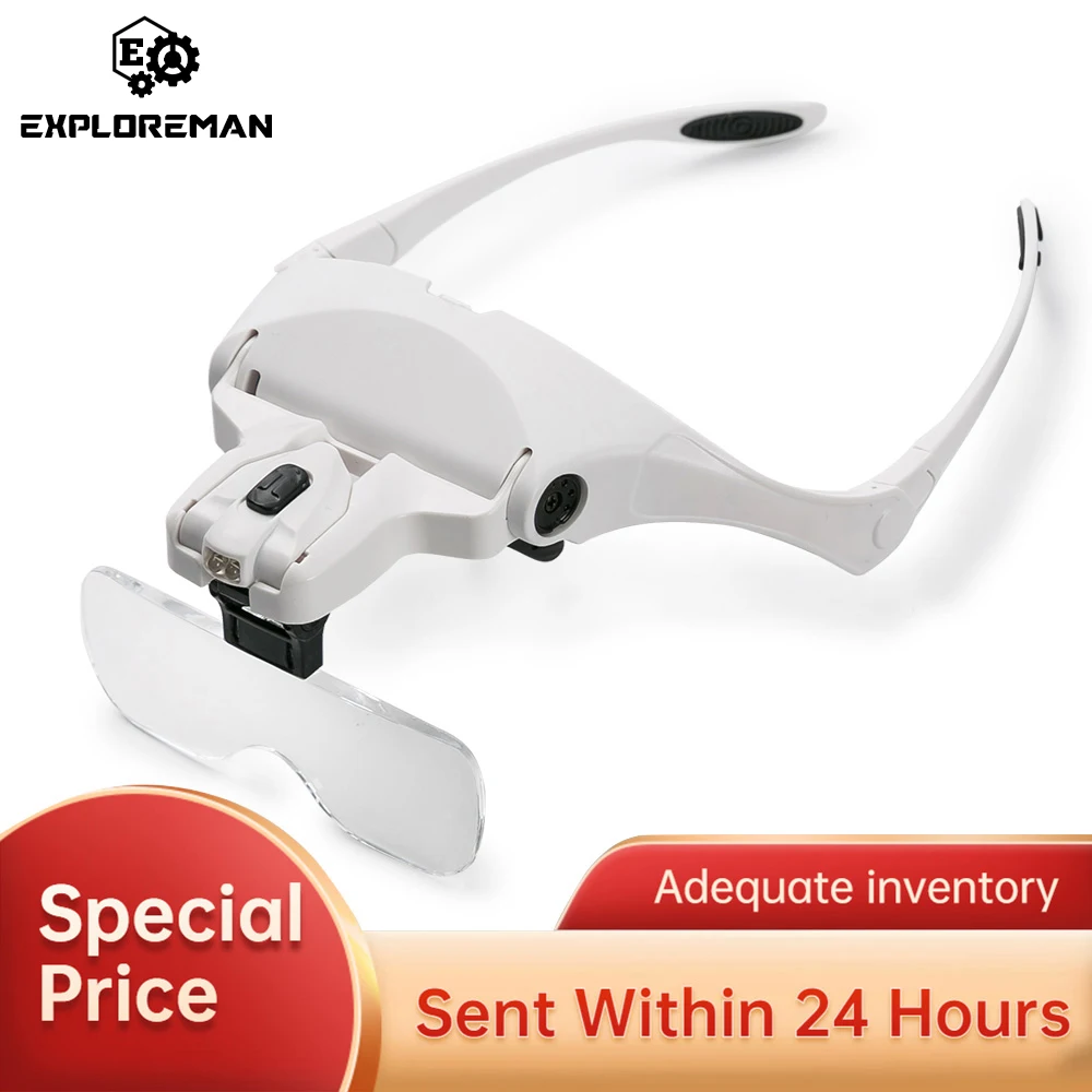 Gafas de aumento con lámpara LED, lentes intercambiables, 1.0X/1.5X/2.0X/2.5X/3.5X, herramienta de reparación, lupa de lectura
