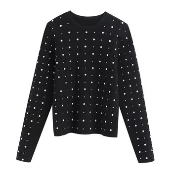 

2020 Spring Women's New Round Neck Long Sleeve Slim Thin Simple Atmospheric Studded Sweater Casual Sweater