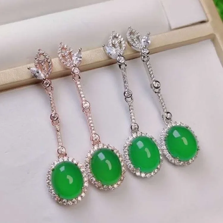 

Natural Green Chalcedony 925 Silver Inlaid Earrings Charm Jewellery Womens Hand-Carve Earrings for Women Men Fashion Accessories