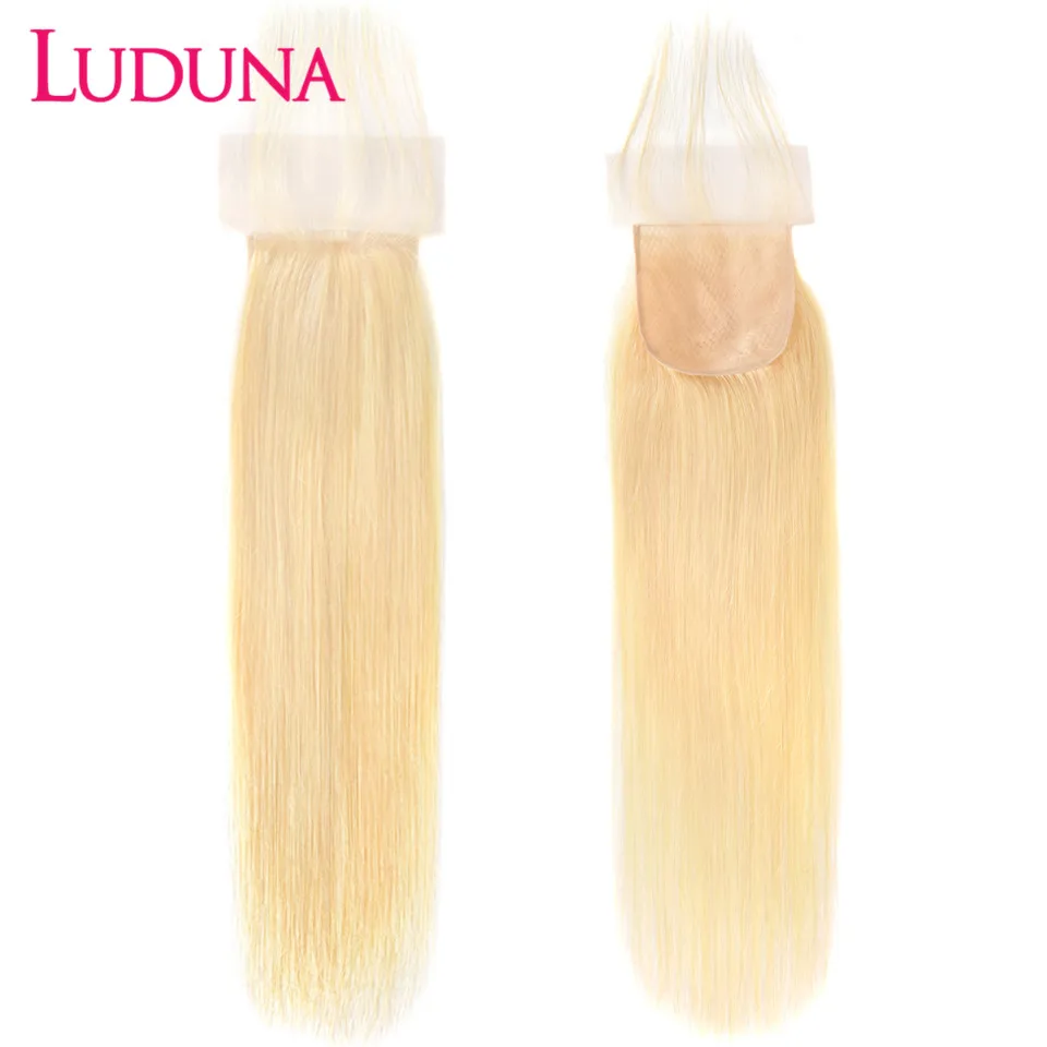 Luduna-extensiones de pelo brasileñas con encaje, accesorio capilar liso con 100% de pelo humano, color rubio 613, 4x4, Remy