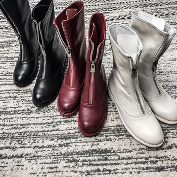 

Martin Boots Female Retro Genuine Leather Round Toe Thick Bottom Middle Tube Front Zipper Red Thin Boots Tide 2020 Autumn New