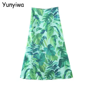 

women leaf print A-line skirt faldas mujer vintage side zipper female beach skirts SL251