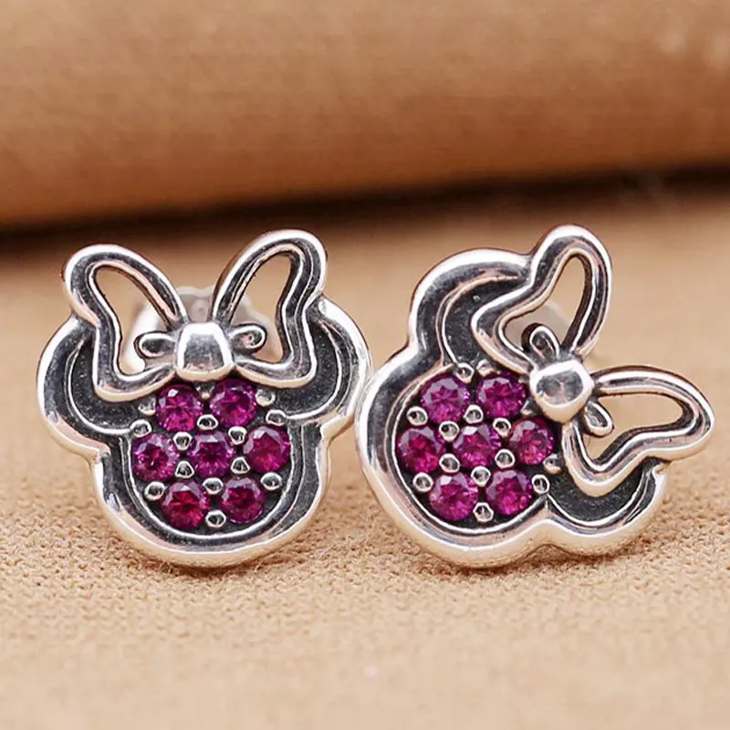 Оригинальная стильная футболка с изображением персонажей видеоигр Минни-Маус с сережки-гвоздики с кристаллами для Для женщин 925 пробы серебряные серьги свадебный подарок ювелирные украшения