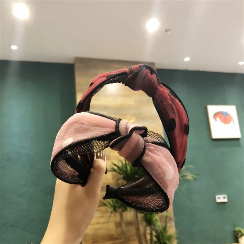 

New Lace Mesh Gauze Fabric Dot Floral Translucent Hairband Bow Knotted Headwear Hair Accessories Hairband for Girl