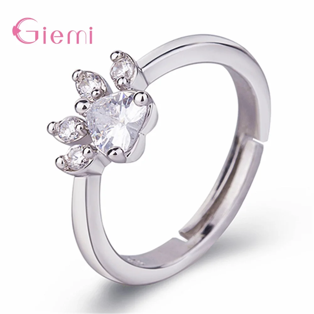 

Cute Bear Cat Claw 925 Sterling Silver Opening Adjustable Ring for Women Romantic Wedding Pink Crystal Gifts Jewelry