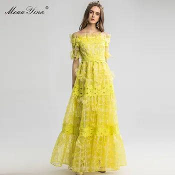 

MoaaYina High Quality Fashion Designer dress Spring Summer Women's Dress Mesh Applique Sexy Elegant Noble Prom Party Dresses