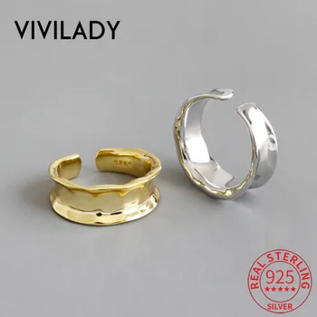 

VIVILADY Korean 925 Sterling Silver Simple Niche Irregular Concave Round Opened Women Charm Ring Chic Gold Silver Female Jewelry