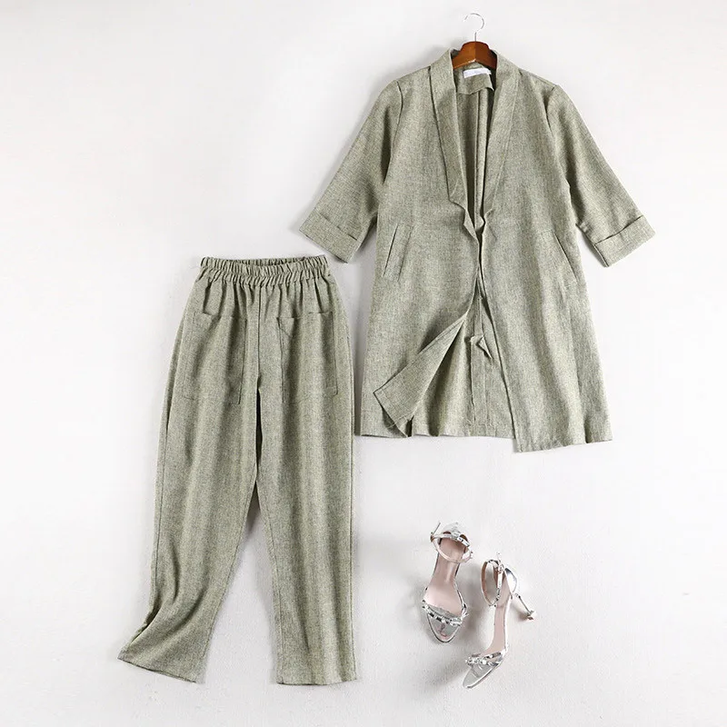 

Pant Suits Women Plus Size XL-5XL 2019 Autumn New Turn Down Collar Three Quarter Sleeved Blazer Top + Elastic Waist Pants Set