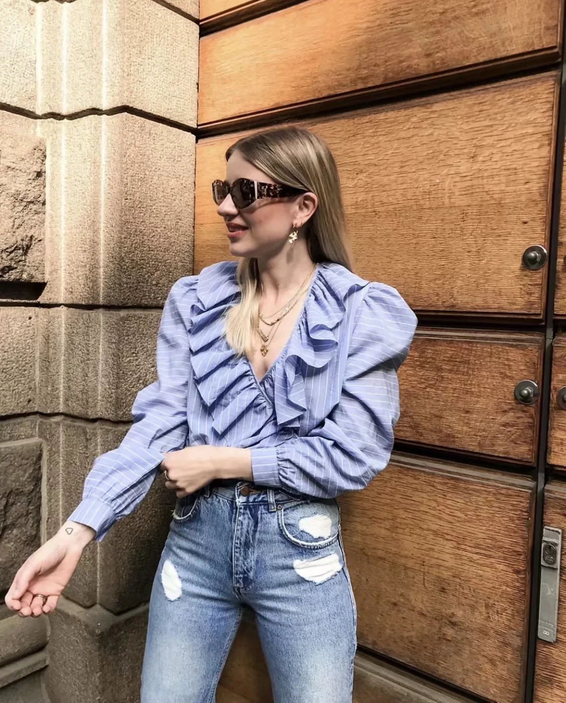 Увядшие blusas mujer de moda Англия винтажная синяя полосатая хлопковая рубашка с оборками кимоно блузка женские топы и блузки
