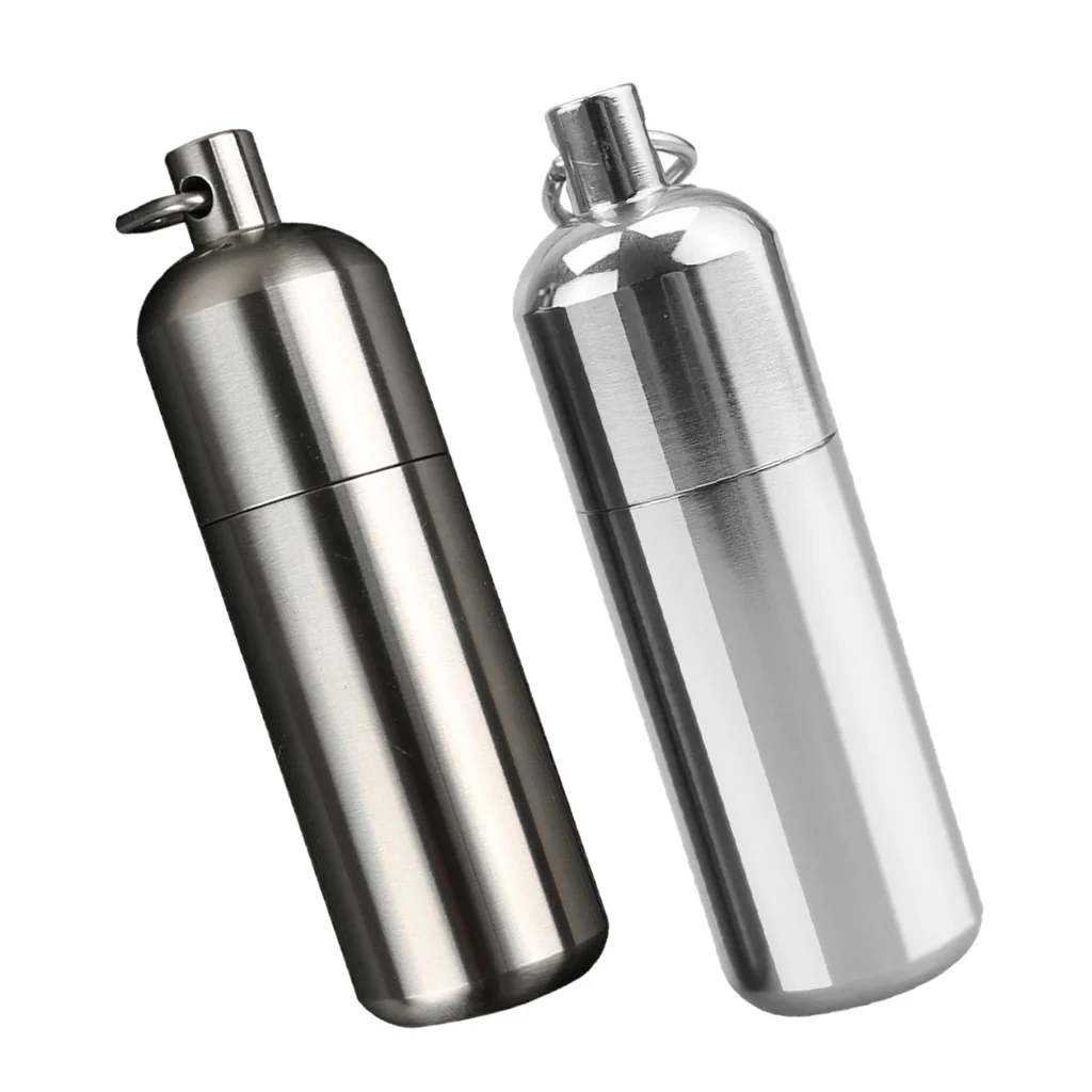 

Waterproof Stainless Steel Pill Storage Box Keychain Tablet Bottle