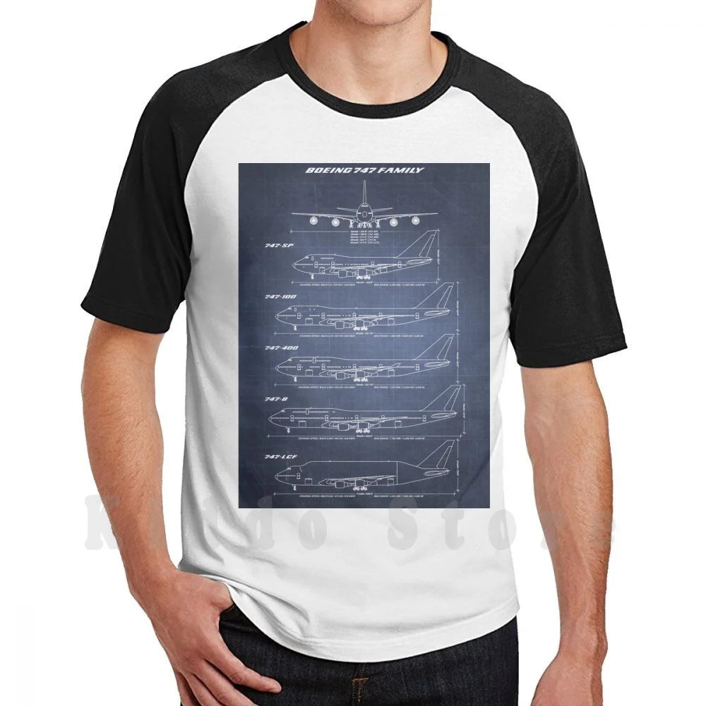 Boeing 747 Family Blueprint (Blu Scuro) T Shirt Diy Big Size 100% Cotton Boeing 747 Jumbojet Jumbo Jet 747 Sp 747 100 747 400