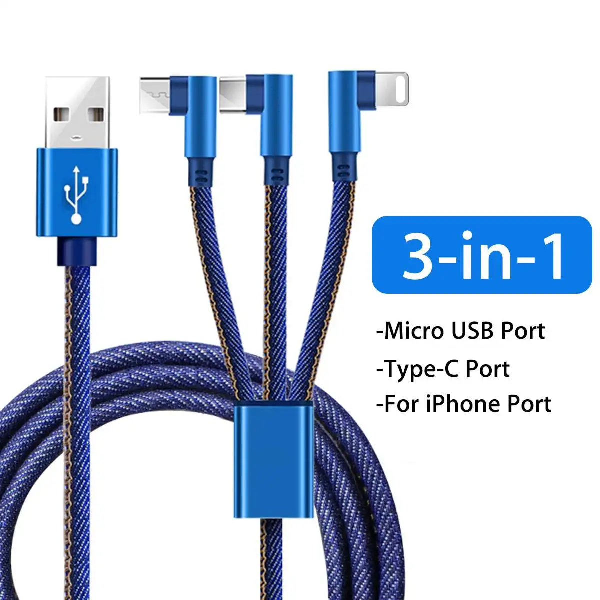 3-в-1 micro Тип usb C IOS зарядный кабель безопасная Прочная Джинсовая ткань для синхронизации данных и быстрой зарядки Кабели для iPhone IOS/Android телефон