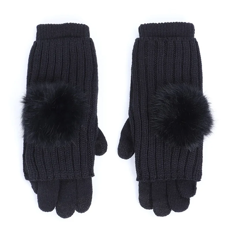 Pom-pom женские зимние перчатки с сенсорным экраном, полный палец, половина пальца, двойного назначения, вязаные перчатки, двойные съемные длинные перчатки для женщин - Цвет: Black