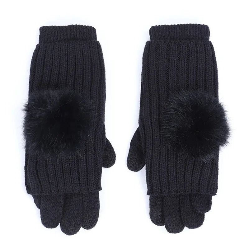 Black Pom-pom женские зимние перчатки с сенсорным экраном, полный палец, половина пальца, двойного назначения, вязаные перчатки, двойные съемные длинные перчатки для женщин - Цвет: Black