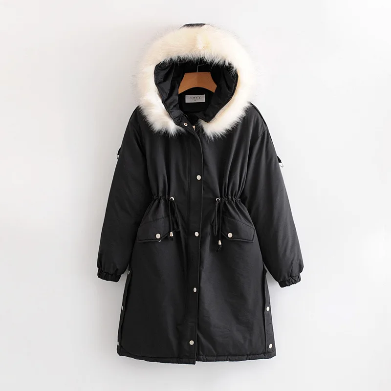 

47dn-7705 Korean-style WOMEN'S Wear 2019 Winter New Style Long Hooded Drawstring Marca Color Fur Collar Cotton Coat