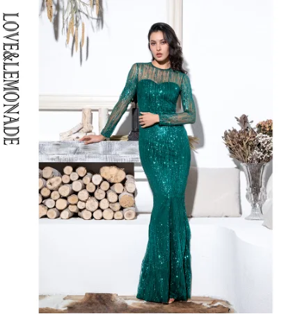 GREEN LOVE&LEMONADE Голая Золотая круглая шея с длинным рукавом перспективная спина Bodycon Блестящий проклеенный материал Maix платье LM6496-9 LM6496-9 золото - Цвет: GREEN