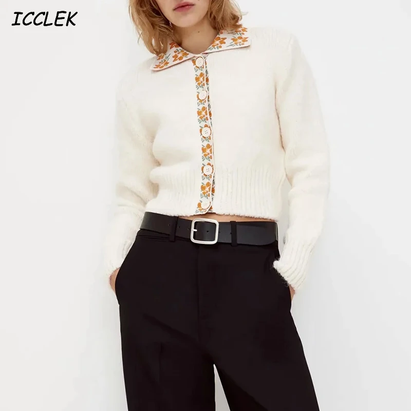 

Autumn 2020 Za Women's Cardigan Sweaters Vintage Polo Knitted Jumpers Female Long Sleeve Cropped Knit Jackets Floral Print Coats