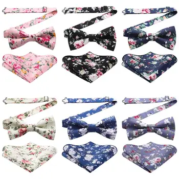 

HISDERN Pre Tied Cotton Bow Tie Handkerchief Set Pocket Square Floral Men Adjustable Formal Wedding Party Classic Butterfly