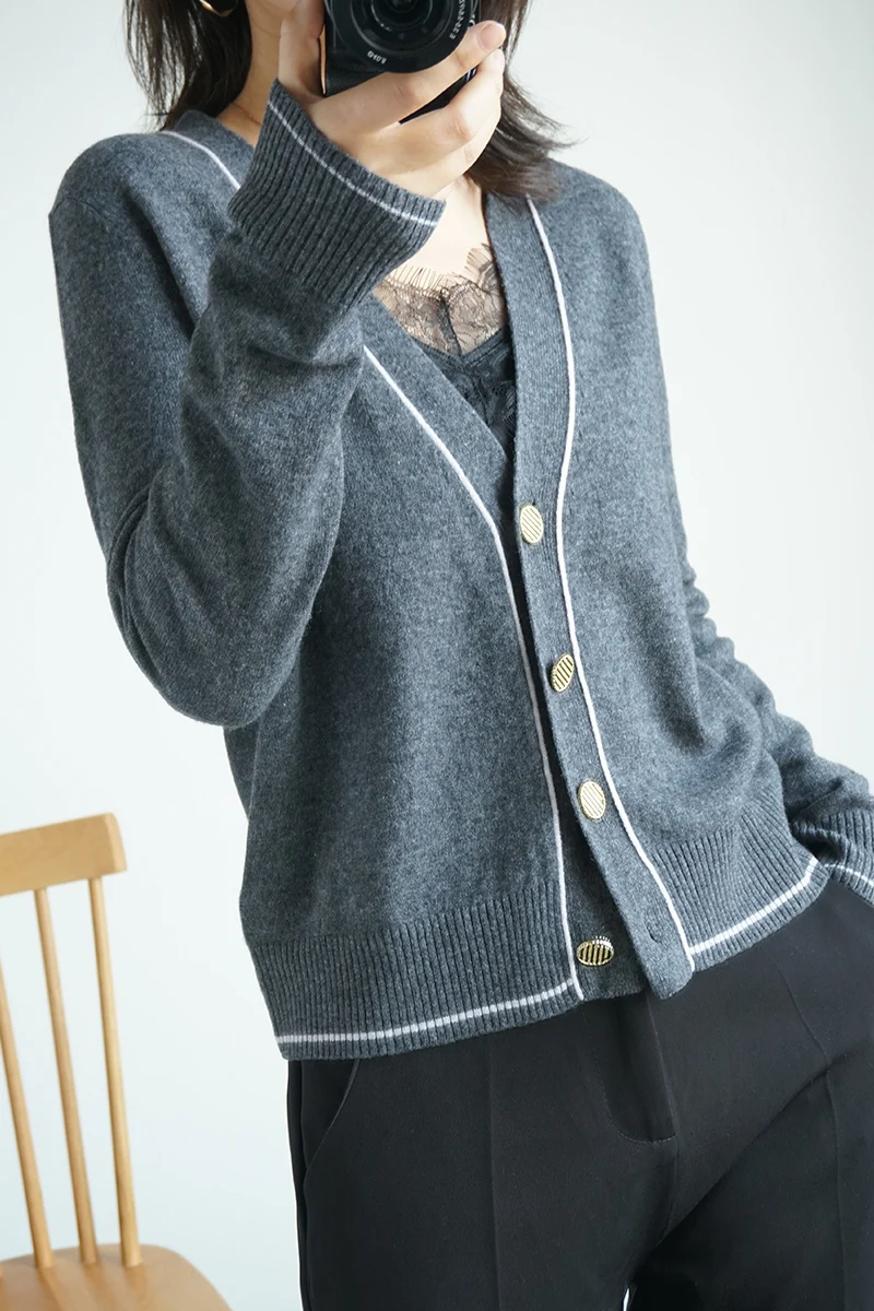 knitwear Elegant V-neck women's Korean style color