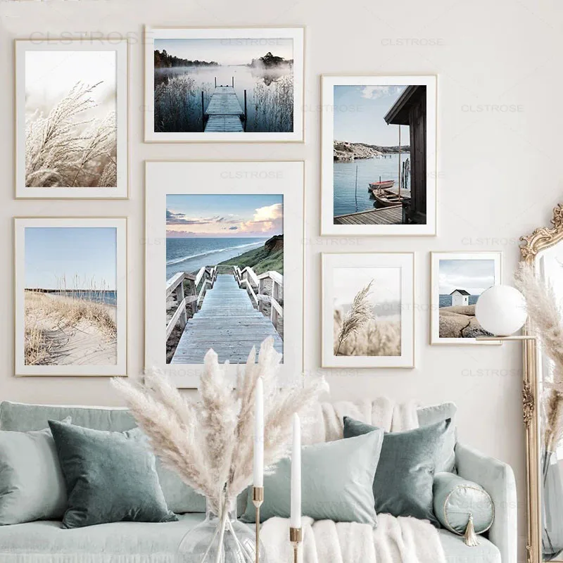Morning Sunrise Wall Art Print Nordic Landscape Poster Beach Bridge Canvas Painting Scandinavo Living Room Decoration Picture