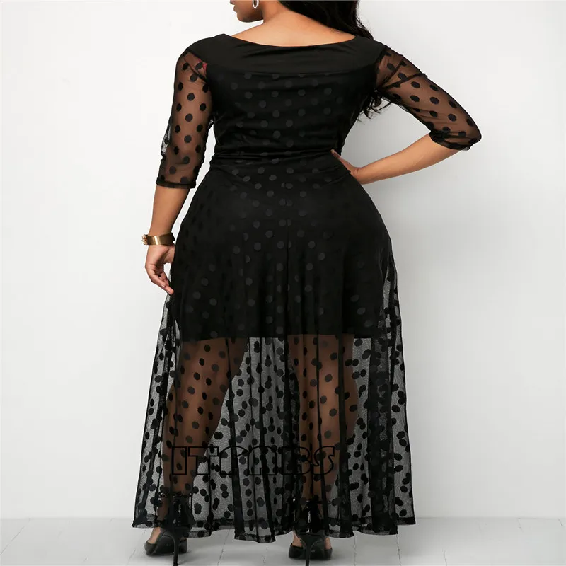 Элегантное женское платье в горошек с сеткой, черное, с рукавом три четверти, длинное, Клубное платье макси, уличная одежда, прозрачный Сарафан