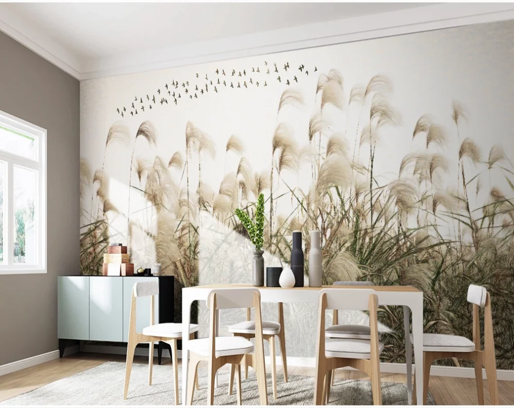Custom wallpaper original hand-painted modern minimalist reed bird TV background wall painting-waterproof material