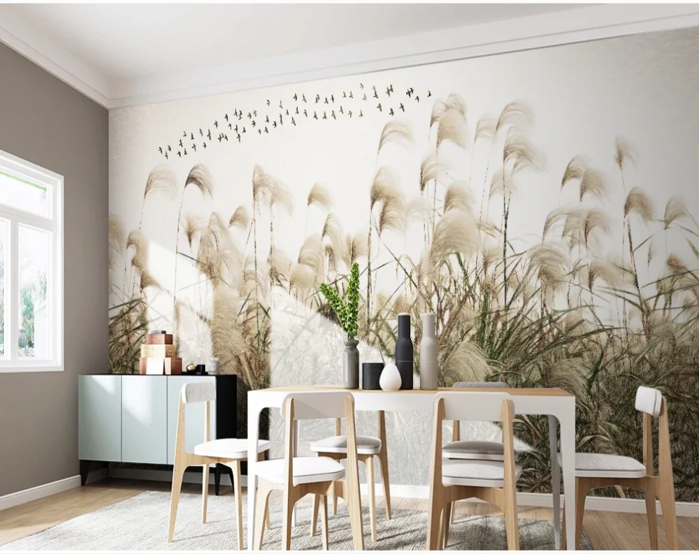 

Custom wallpaper original hand-painted modern minimalist reed bird TV background wall painting-waterproof material