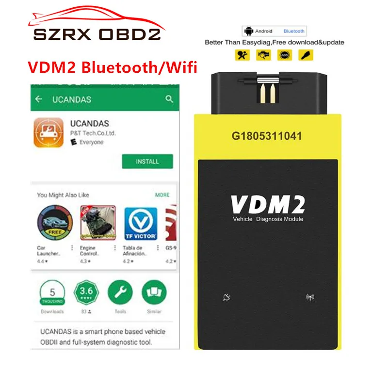 Оригинальная UCANDAS VDM2 полная система V5.2 Bluetooth/Wifi OBD2 VDM II для Android VDM 2 OBDII сканера кода PK easydiag обновление бесплатно