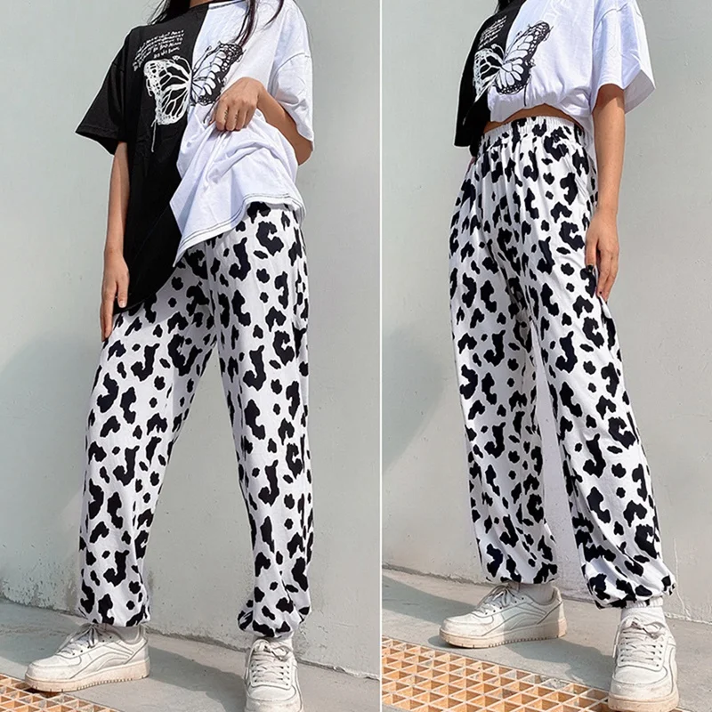 

Women Elastic High Waist Milk Cow Print Pants Women Harajuku Streetwear Straight Loose Joggers Trousers Pants