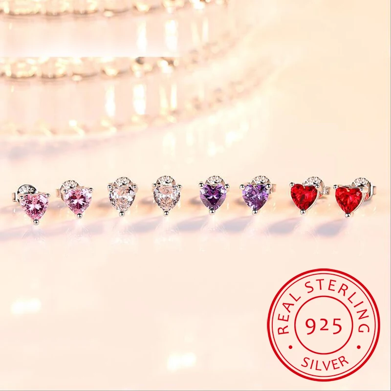 

925 Sterling Silver Heart White/Purple/Red/Pink CZ Stud Earrings for Women Brincos Fine Jewelry Bijoux SCE090