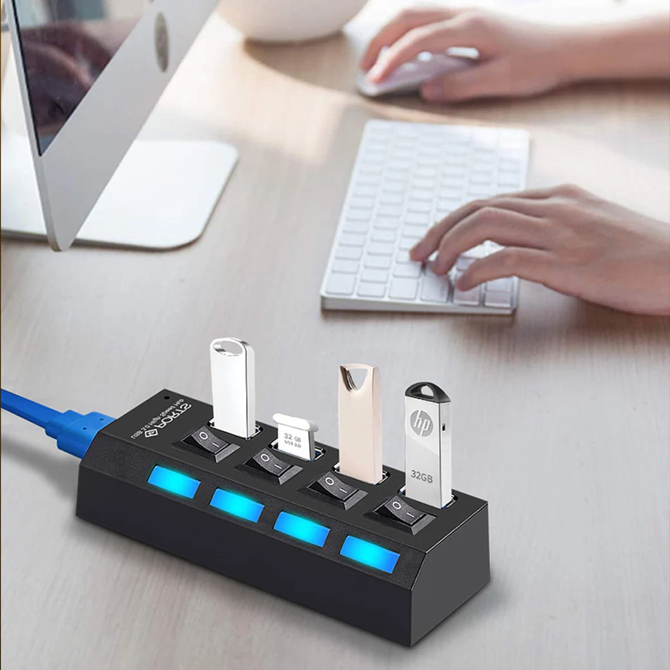 USB разветвитель с несколькими портами для компьютера, ПК, удлинитель с 3,0 портами, USB 3,0, мультиконцентратор, USB, 7 портов, OTG концентратор, считыватель с адаптером питания, светодиодный