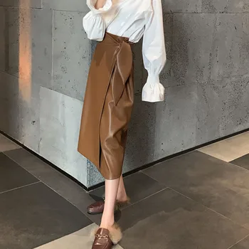

PU Vintage Pleated Skirt High Waist Irregular Loose Bow 2020 Spring Small Fresh Casual Minority Mid Calf Skirt GCC3248