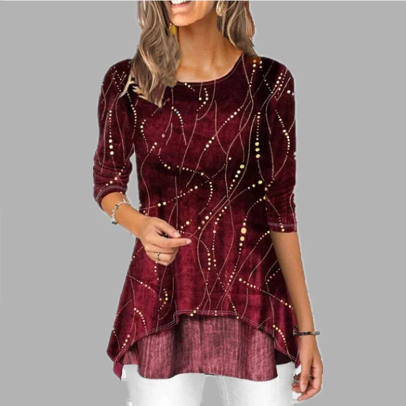Plus Size 5XL O Neck 3/4 Sleeve Women's Tunics Dot Print Female Tunic Blouses Spring 2020 Summer Casual Irregular Hem Lady Shirt