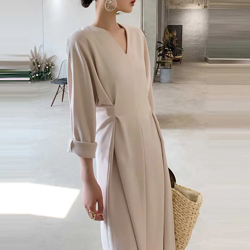 One-Piece For Female Spring Autumn Dress 2020 Vintage Korean V-Neck Waist Long Sleeves Dress Women Elegant Party Office Dresses