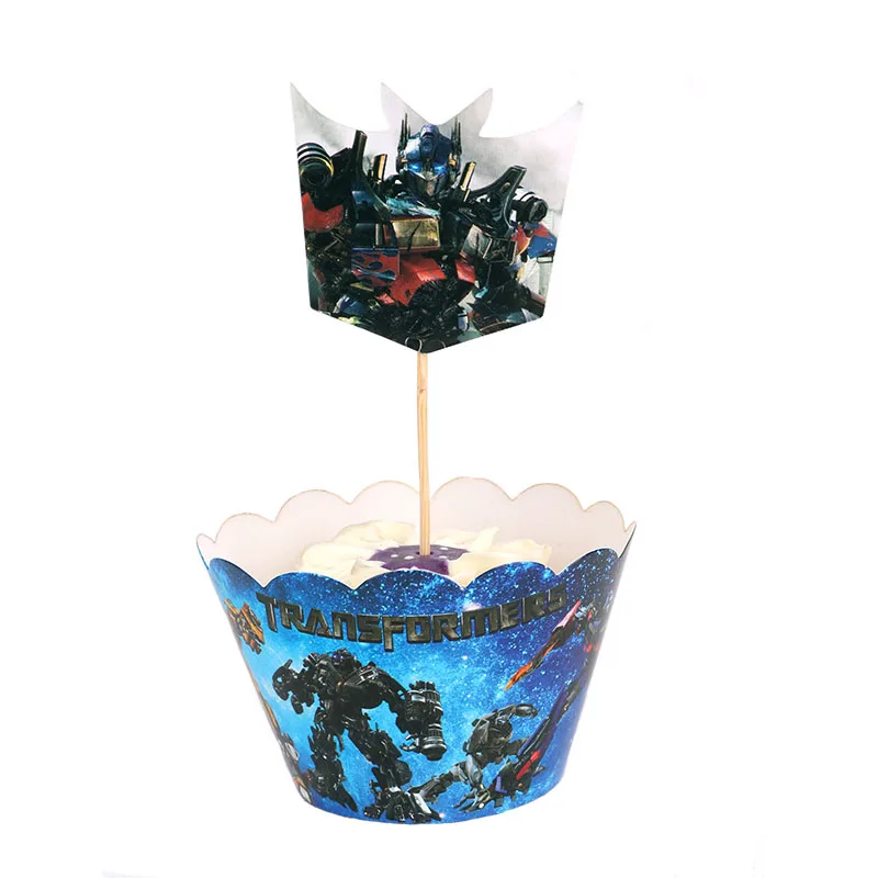 24 шт./лот, Мультяшные Autobots бумажные обертки для кексов, топперы для детской вечеринки, украшения для торта на день рождения(12 оберток+ 12 топперов
