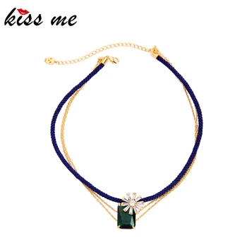 

kissme Punk Black Square Glass Zircon Flower Layered Leather Brass Chain Choker Necklace Gold Color New Fashion Women Jewelry