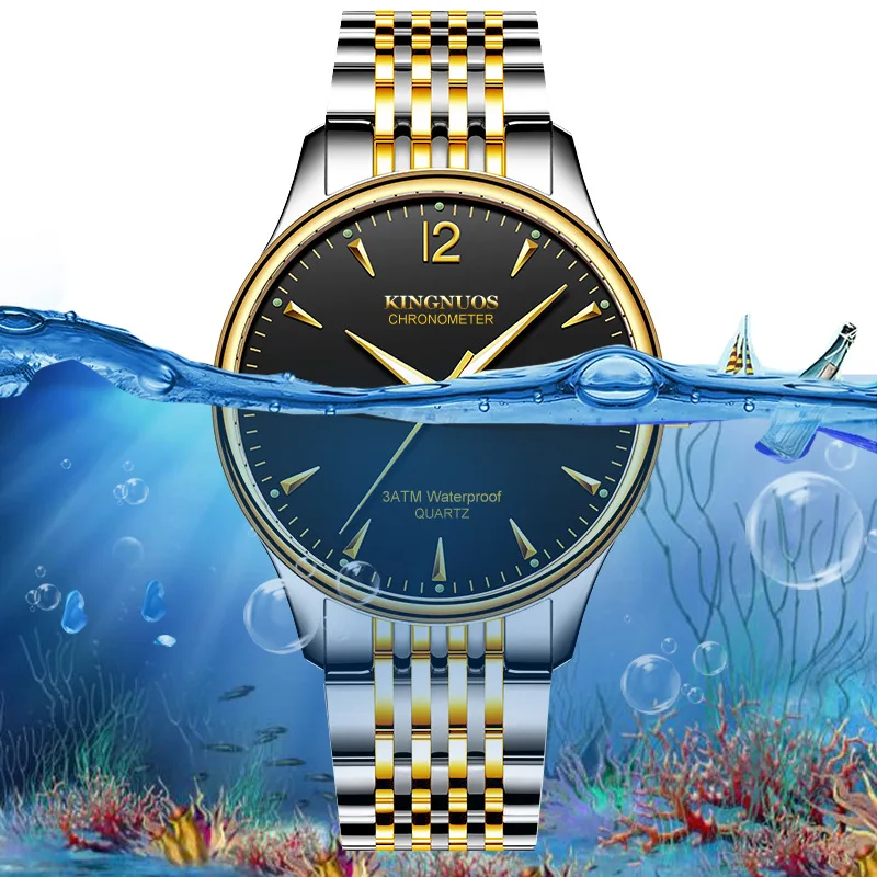 

KINGNUOS Fashion Men Stainless Steel Double Calendar Watch Mens 30m Water Resistant Luminous Hands Business Quartz Watch