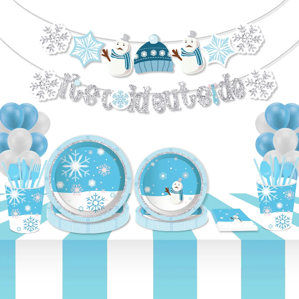 

Blue Winter Snowflake Christmas Xmas Party Disposable Tableware Sets Banner Backdrops Happy New Year Party Decorating Supplies