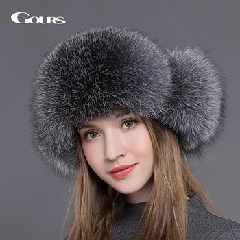 Gours Fur Hat for Women Natural Raccoon Fox Fur Russian Ushanka Hats Winter Thick Warm Ears Fashion Bomber Cap Black New Arrival 1