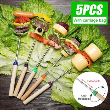 

5PCS/Set Roasting Fork Stick Stainless Steel Wooden Handle Telescoping Skewer as Grilling Tools for Home Kitchen Backyard BBQ