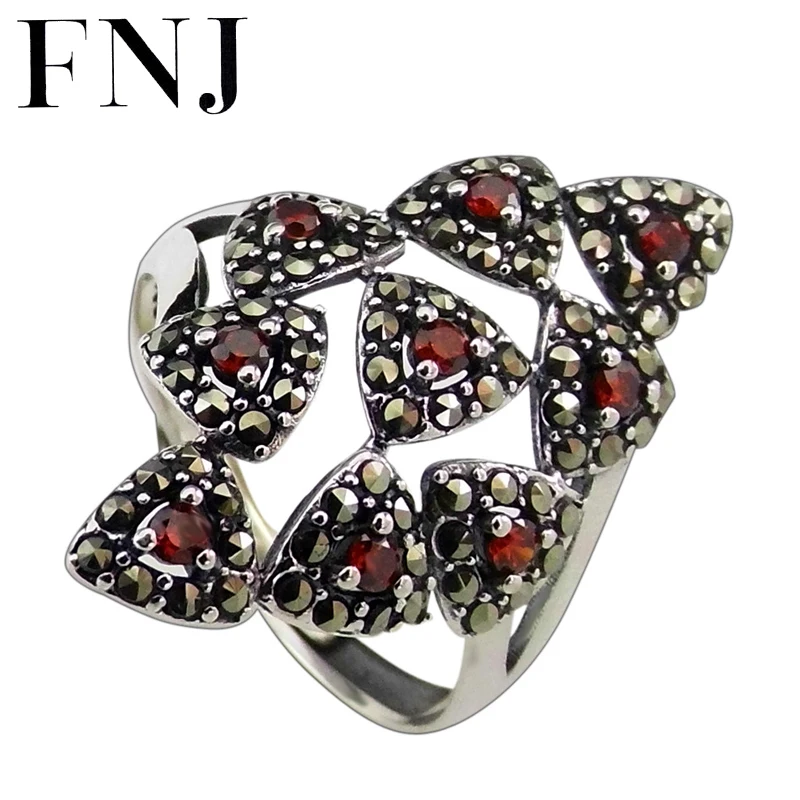 

FNJ MARCASITE Flower Rings 925 Silver Adjustable Size Open Popular S925 Solid Silver Ring for Women Fine Jewelry Red Zircon