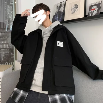 

Autumn New Tooling Jacket Men Fashion Solid Color Casual Lattice Stitching Stand Collar Jacket Man Hip Hop Loose Bomber Jacket