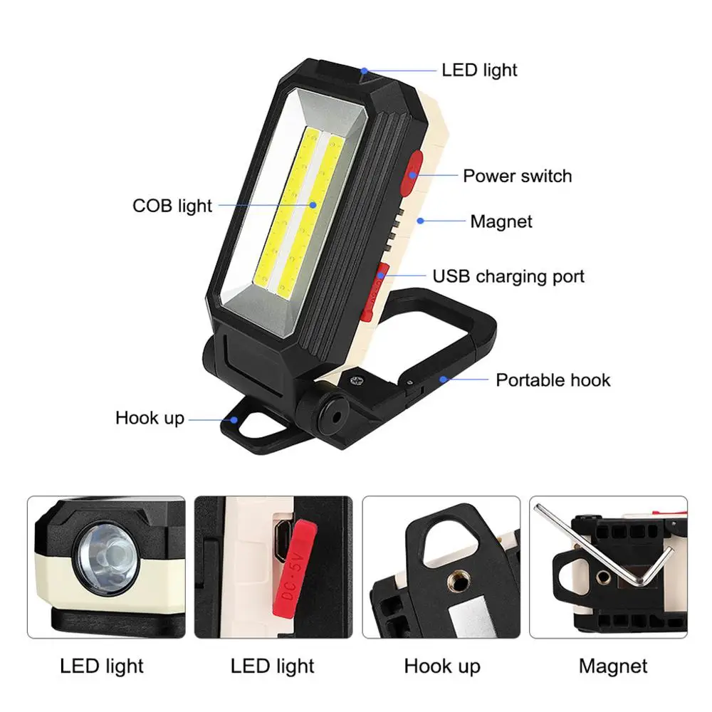 COB+LED Rechargeable Magnetic Torch Flexible Inspection Lamp Cordless Worklight Portable Folding Work Light Built-in battery
