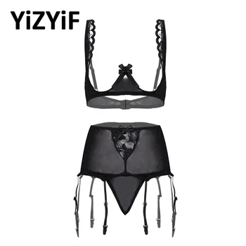 

Womens Open Cup Bra with Garter Panty G-String Thongs Erotic Lingerie Set Sheer Mesh Lace Trim Bare Breast Underwired Bra Top