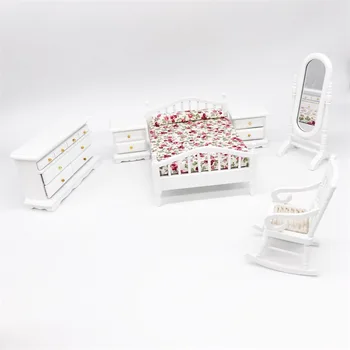 

1:12 Mini Doll House Bedroom Set 6pcs Doll with Decoration Bed Mirror Bedside Table Rocking Chair Cabinet Simulation Furniture