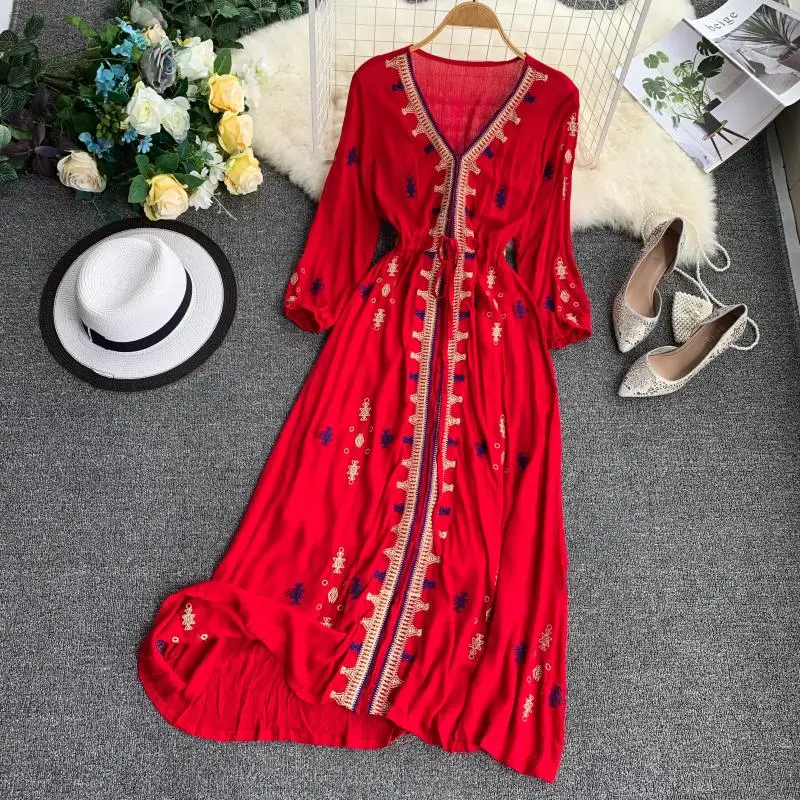 Ethnic Women Boho Beach Dress Long Sleeve V Neck Embroidery Flower High Waist Red Long Holiday Dress